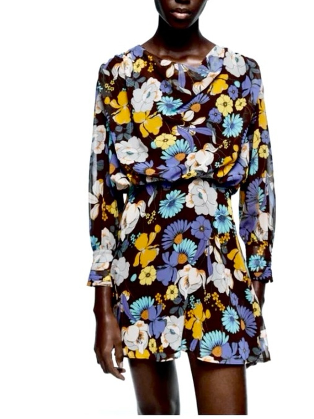 ZARA Floral Long Sleeve Dress Cowl Neck Open Back Brown + Yellow & White Flowers